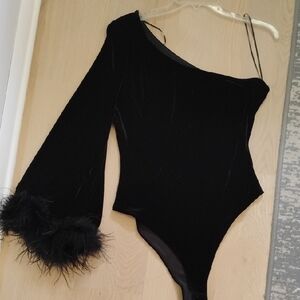 Flying Tomato Black Bodysuit With Feather Sleeve